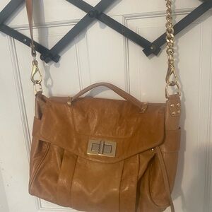 b&e Tan and Gold Crossbody Bag with Flap Closure